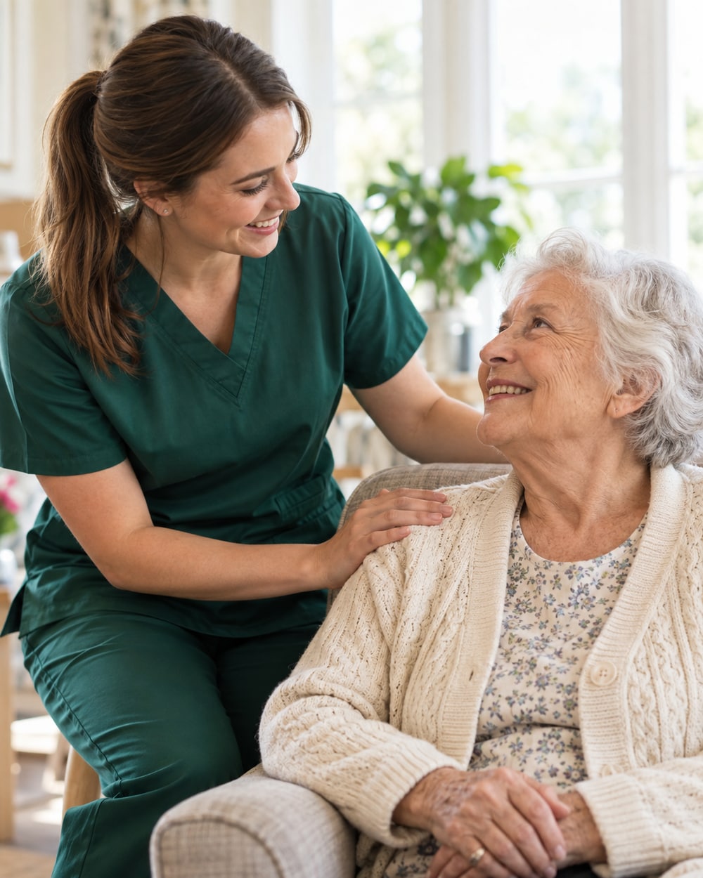 Care professional smiling with an older woman in a welcoming care setting