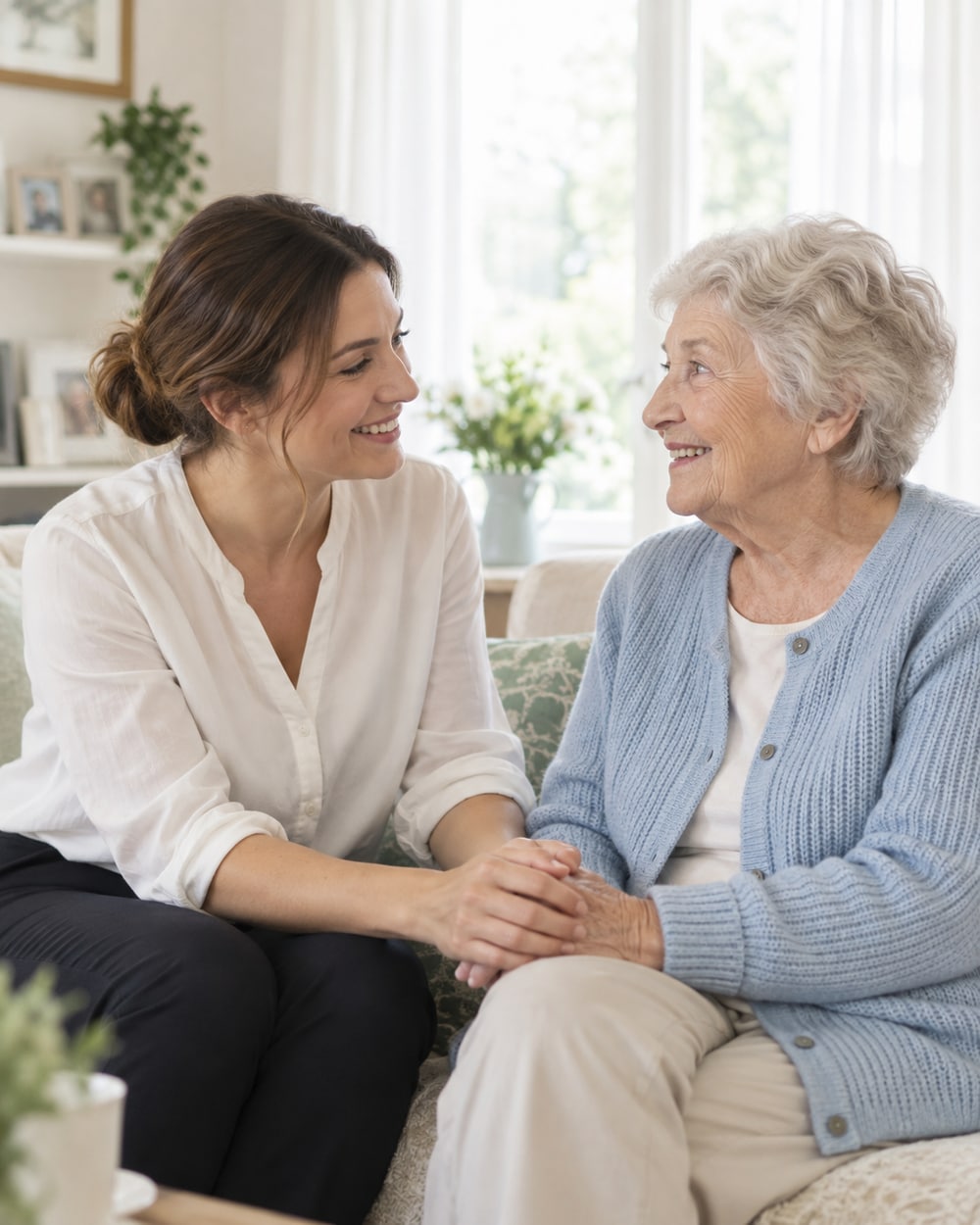 Care professional offering reassurance and holding an older woman's hand