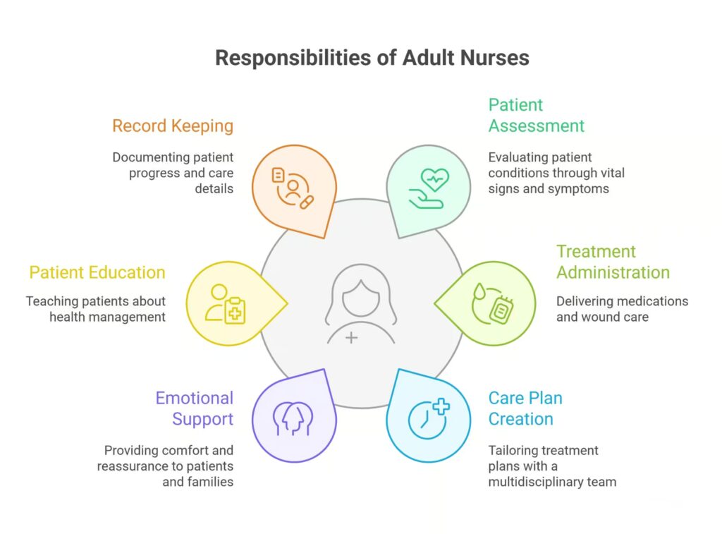 What are the responsibilities of an adult nurse?