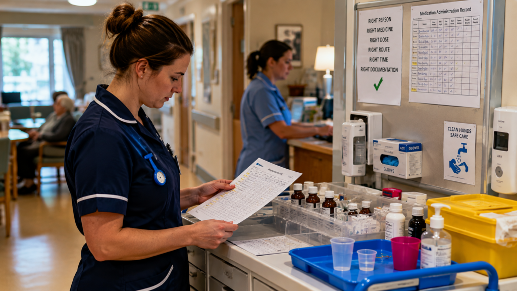 Busy UK care-home medication round where a worker pauses to check a MAR before administering medicine. Another staff member appears nearby but does not distract dramatically.