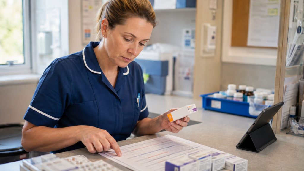Care professional carefully comparing medicine packaging with medication records.