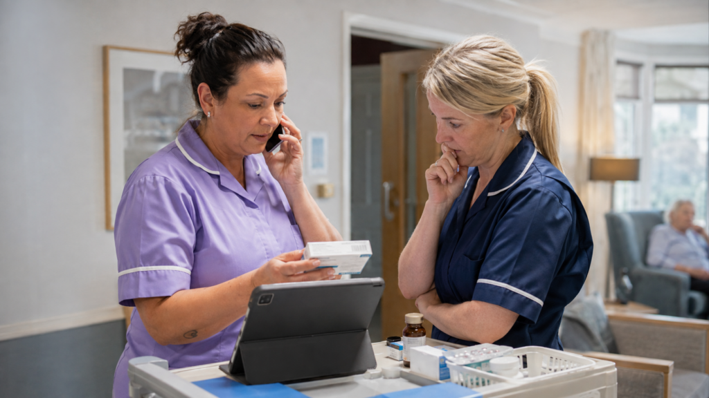 Care worker checking conflicting medication information and seeking advice before continuing administration
