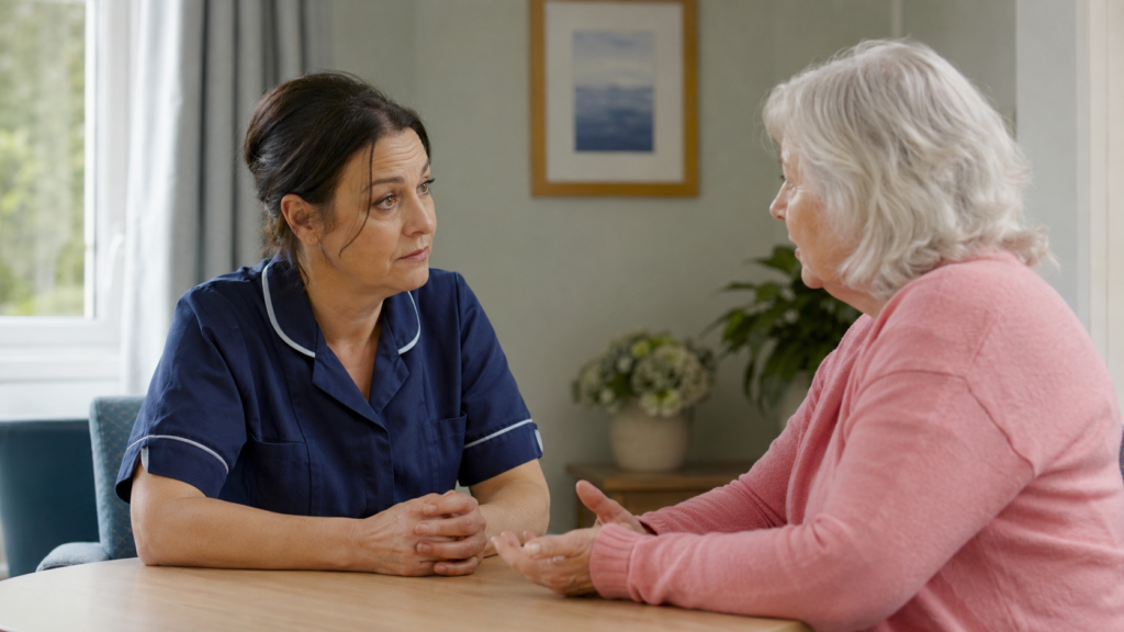 Care-worker-listening-to-a-family-member-raising-a-concern-about-care
