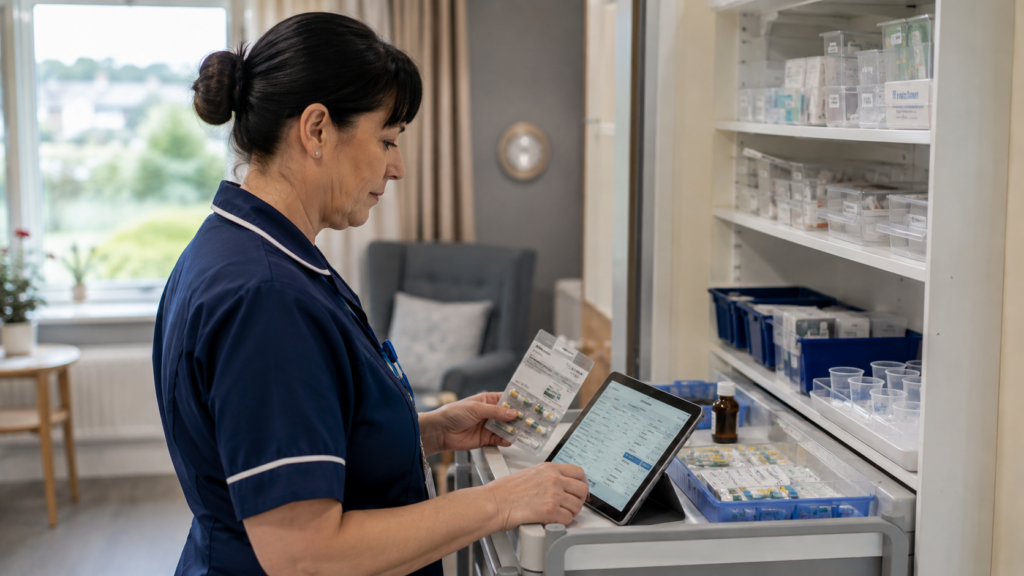 Care worker checking medicine within the chart