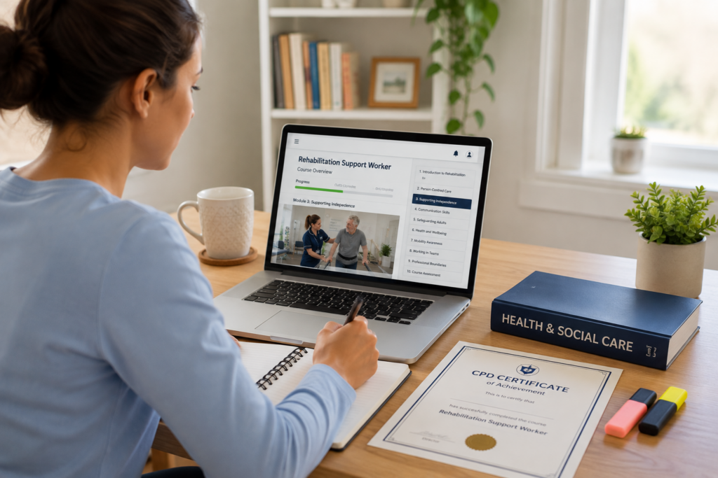 Online rehabilitation support worker course learner studying healthcare training