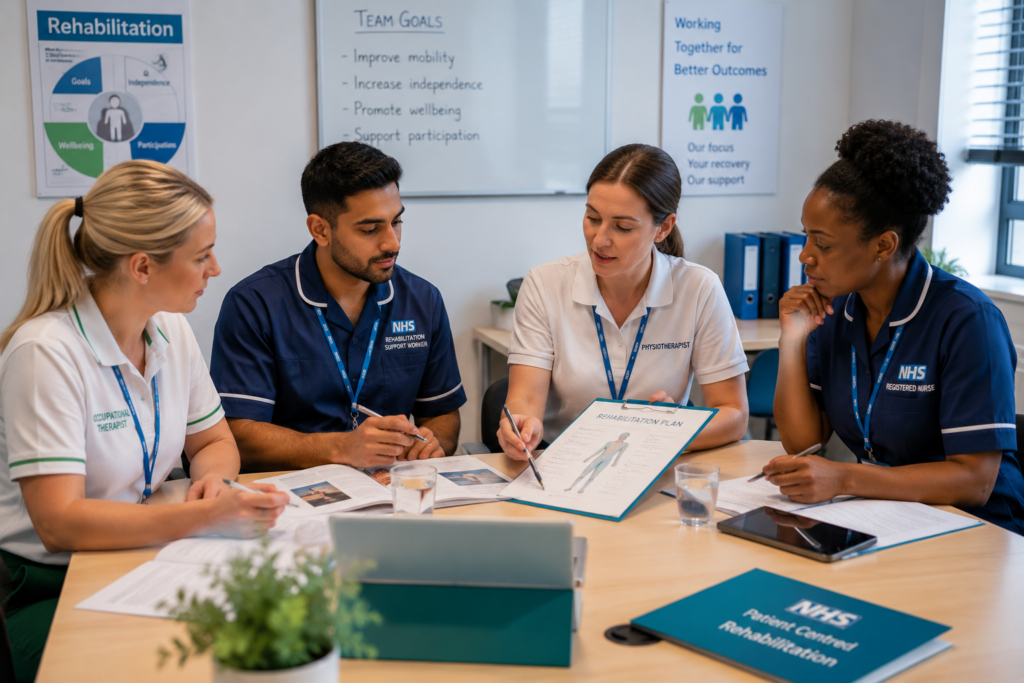 Multidisciplinary healthcare team discussing rehabilitation support planning