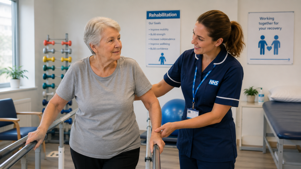 Rehabilitation support worker supporting mobility recovery after illness or injury