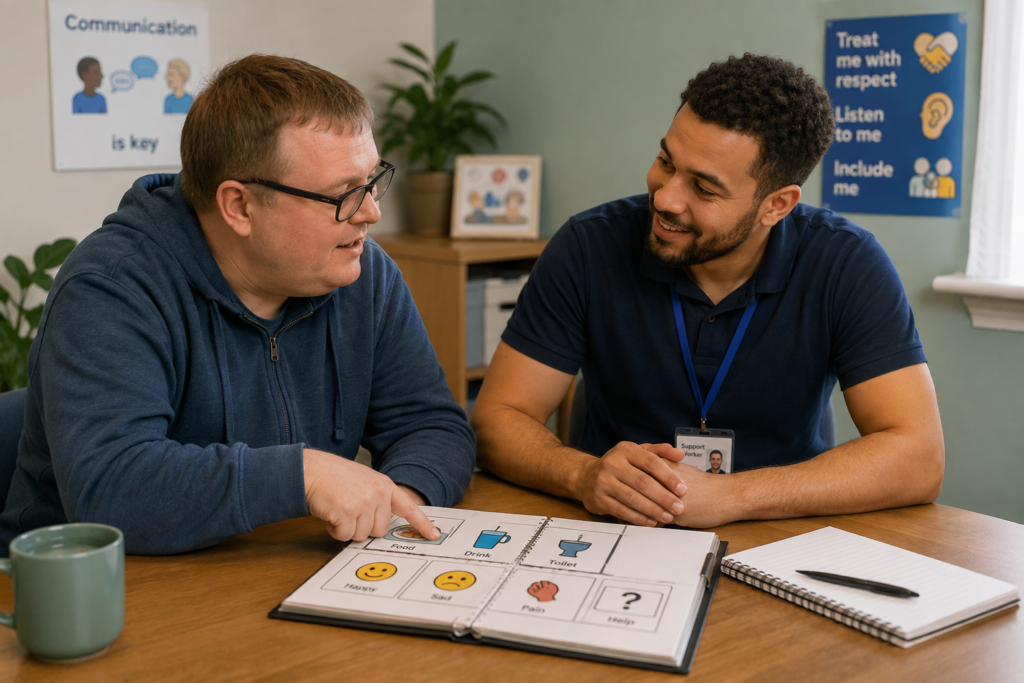 Support worker using person-centred communication with an adult receiving care