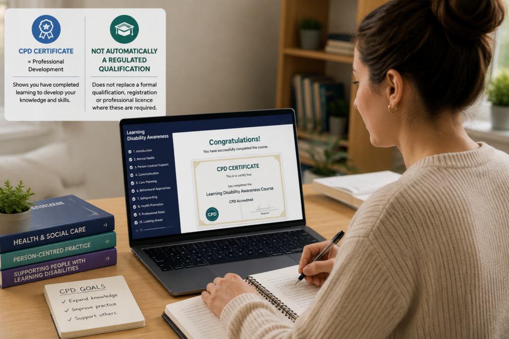 Learner completing online CPD training and reviewing course certification