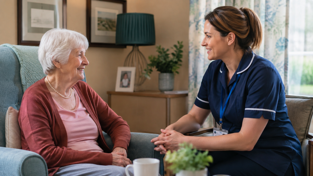 Palliative care worker supporting an older adult in a UK care setting