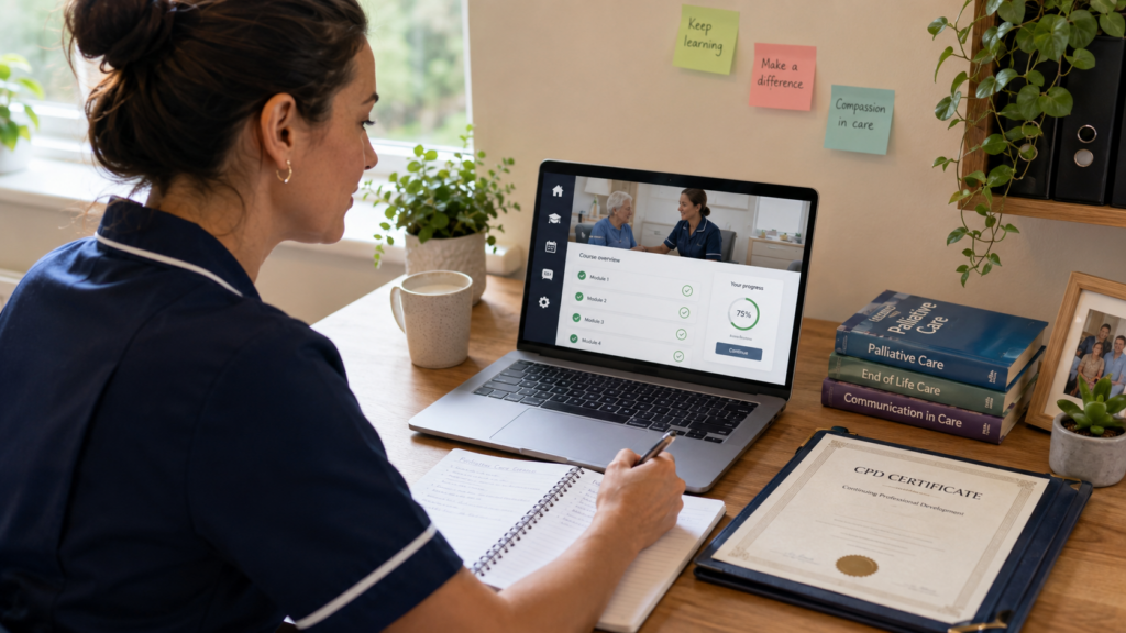 Healthcare worker studying an online palliative care CPD course