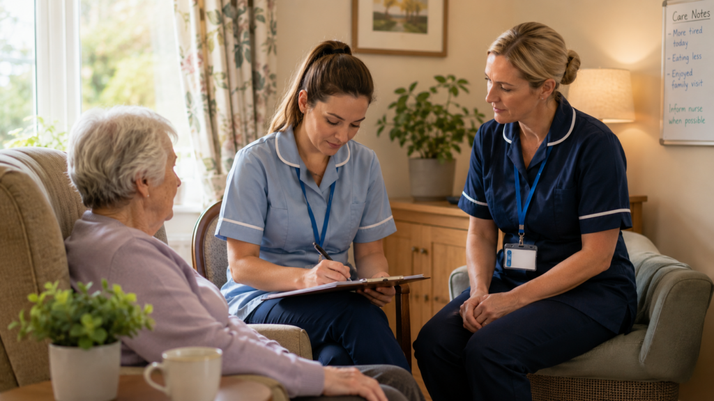 Care worker observing and reporting changes in a palliative care setting
