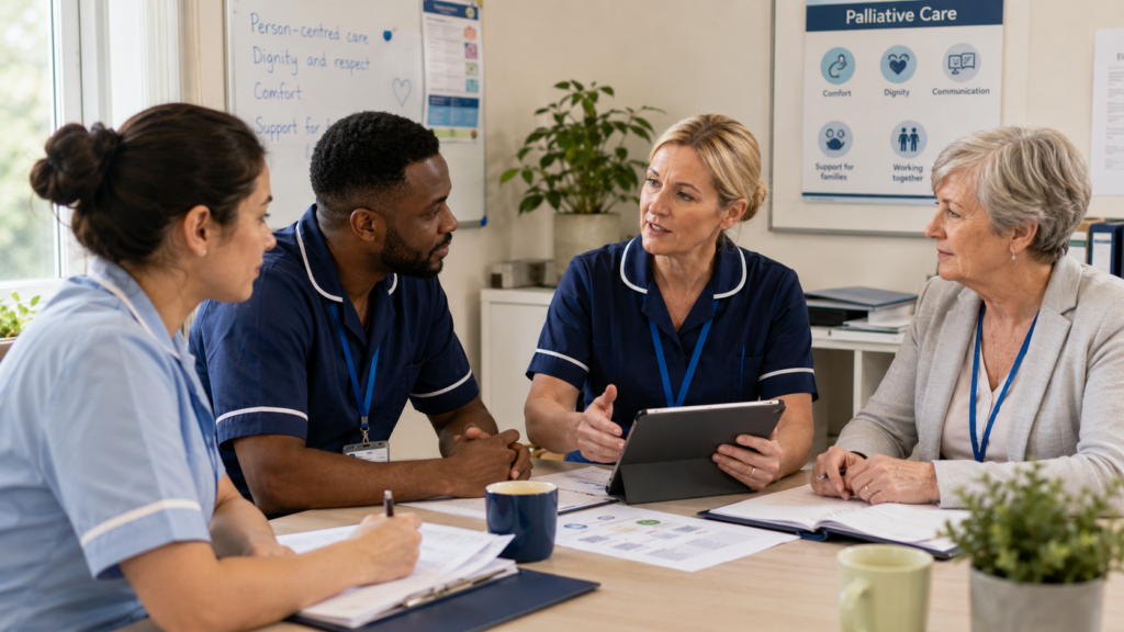 UK multidisciplinary care team discussing palliative care support
