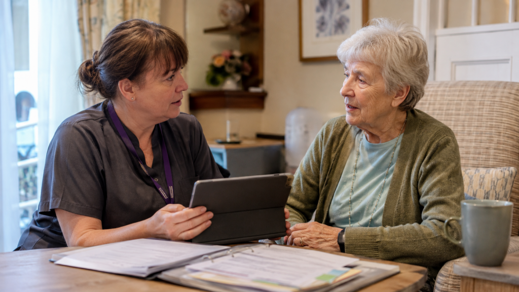 Healthcare assistant discussing an individual care plan with an older adult in a residential care environment