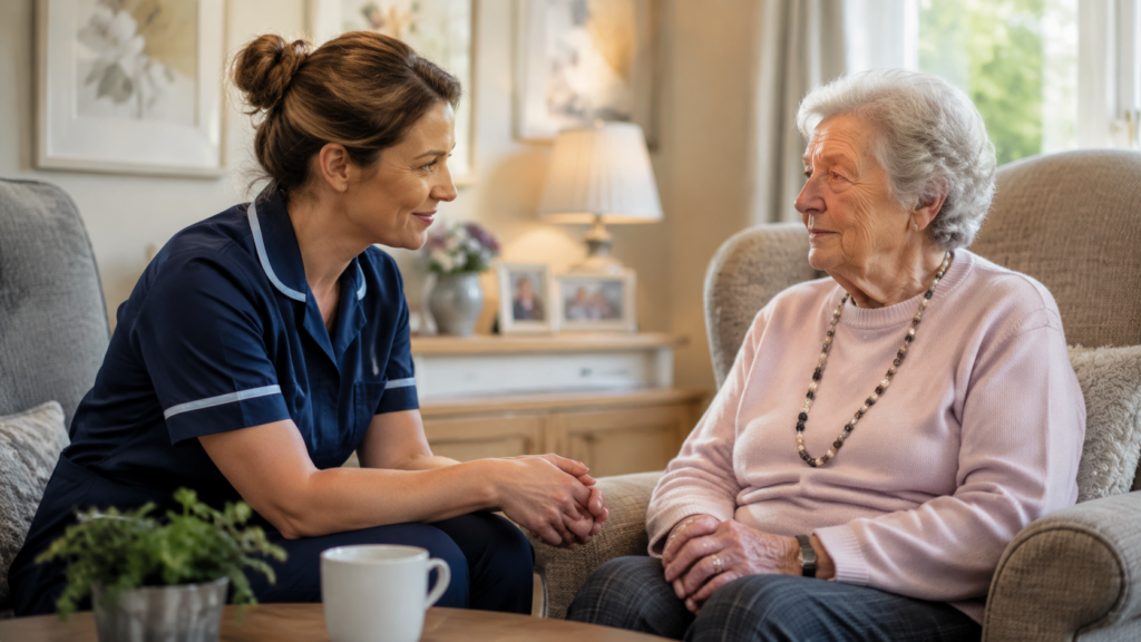 Care worker providing person-centred support through a respectful conversation with an elderly individual