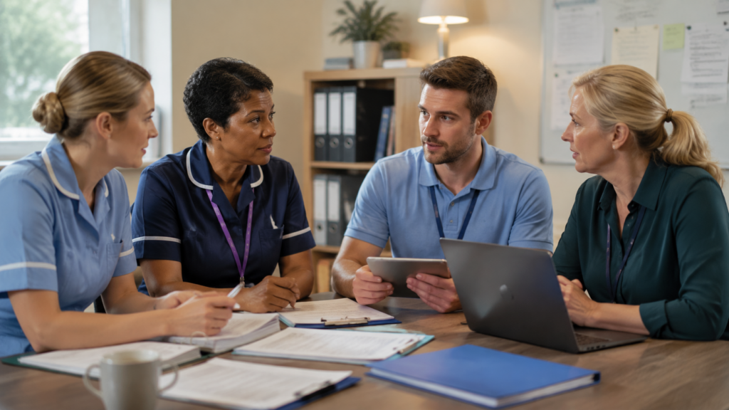 UK health and social care professionals reviewing a care plan together during a team discussion