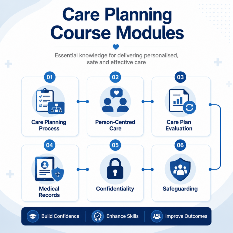 Care planning course modules infographic showing person-centred care, record keeping and safeguarding topics