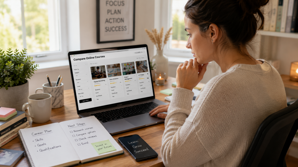 Learner comparing online course content before enrolment