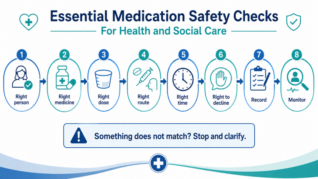 Medication safety checks for safe administration in health and social care