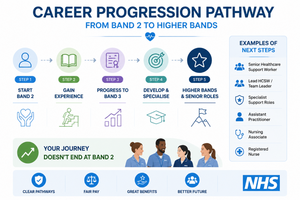 Band 2 healthcare assistant duties showed in infographics.
