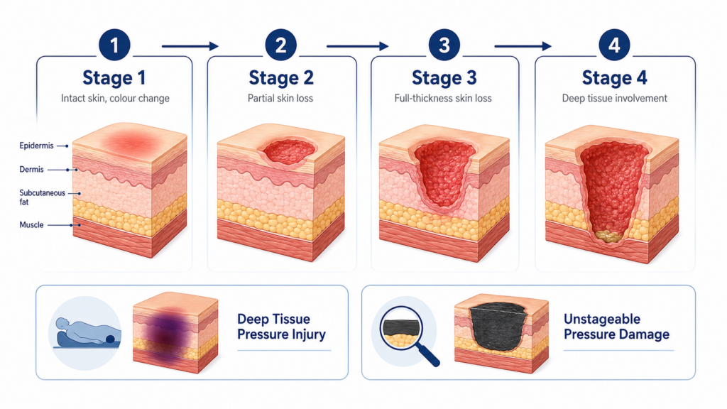 Pressure ulcer stages from stage 1 to stage