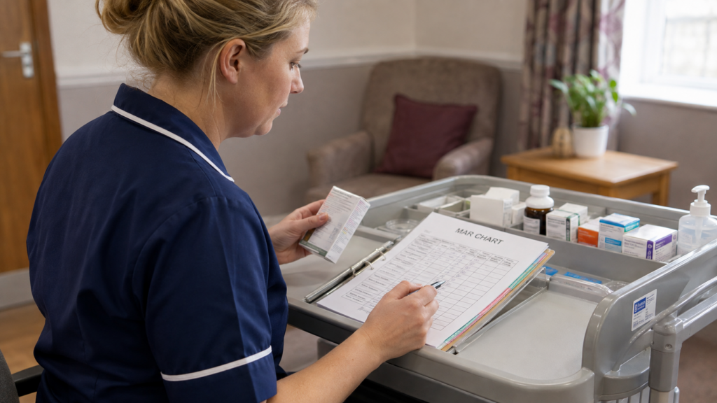 care worker checking mar chart for medication