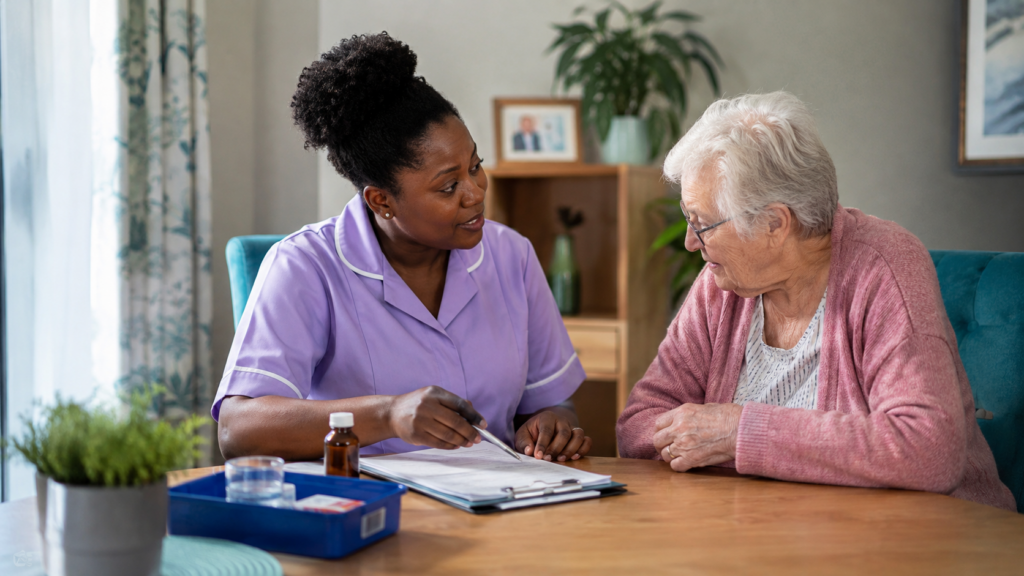 care worker discusssing about the medicine with the patient.