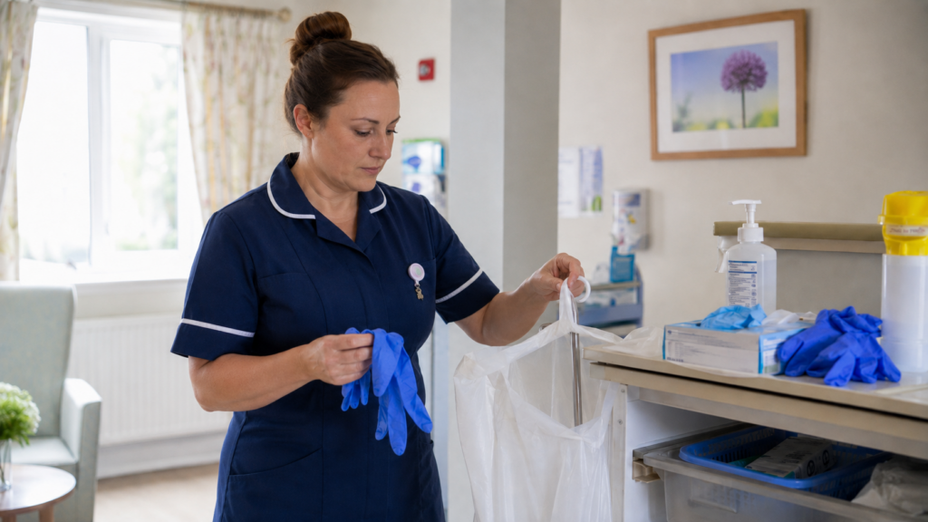 care worker wearing gloves before procedure