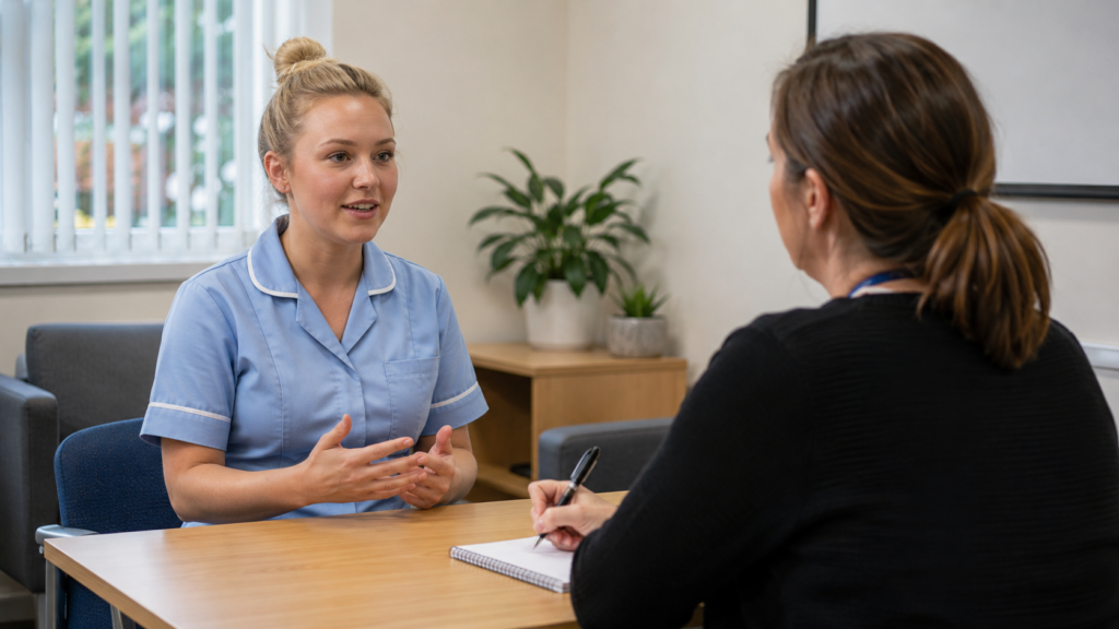 healthcare assistant answering interview questions